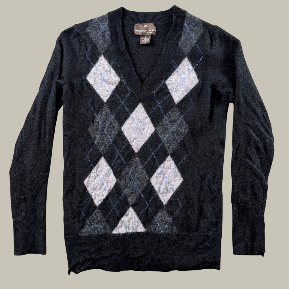 Fenn Wright Manson Sweater Women S Black Merino Wool Argyle V-Neck Dark Academia